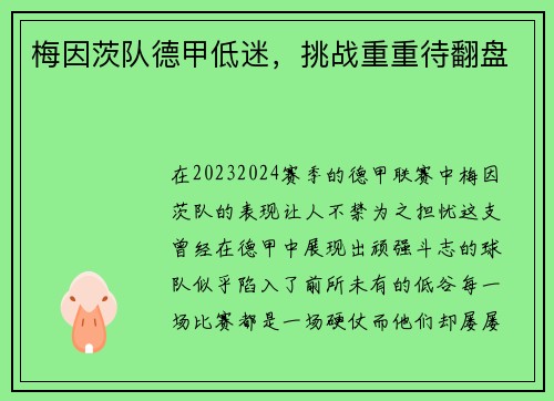 梅因茨队德甲低迷，挑战重重待翻盘